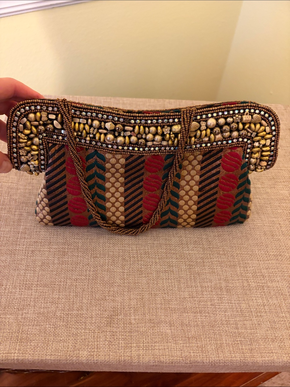 Beaded Embroidered Clutch in Red, Green & Gold 9x5